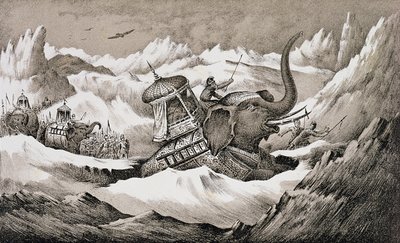 Hannibal and his war elephants crossing the Alps by English School
