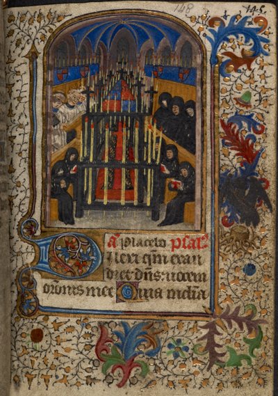 A funeral service with the coffin covered by the arms of John, Duke of Bedford, from the 
