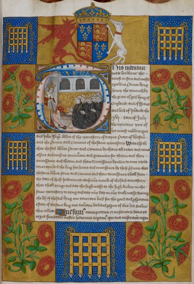 Henry VII presenting the indenture to John Islip, Abbot of Westminster Abbey, Indentures of Westminster Abbey by English School