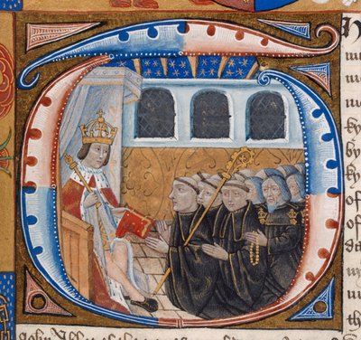 Historiated Initial depicting King Henry VII receiving the book, illustration from 
