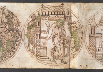 Roundel of St Guthlac whipping the beastly demons who have invaded his house, with the inscription 