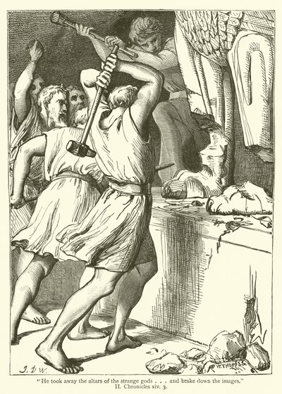He took away the altars of the strange gods and brake down the images, II, Chronicles, xiv, 3 by English School