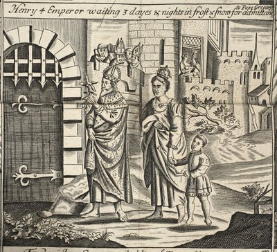 Henry 4 Emperor waiting 3 days and nights in frost & snow for admittance to Pope Gregory, illustration from Acts and Monuments by John Foxe, ninth edition, pub. 1684 by English School