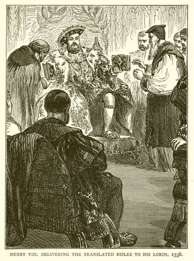 Henry VIII delivering the Translated Bibles to his Lords, 1538 by English School