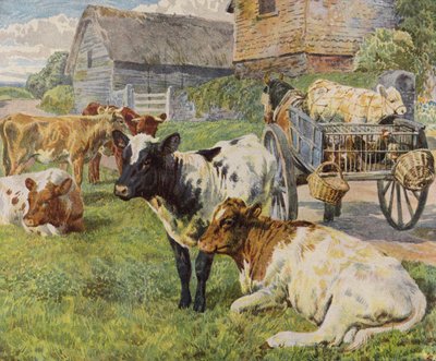 Herd of cows and a calf in a horse-drawn cart by English School