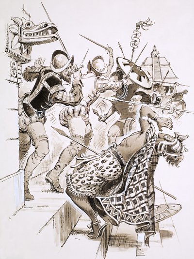 Hernando Cortes and his soldiers resist Aztec attacks by English School