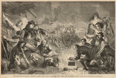 Homeless Citizens Taking Refuge from the Flames Among the Smouldering Ruins by English School
