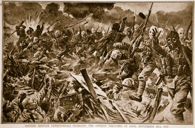 Hooded British Territorials Charging the German Trenches at Loos, September 25th, 1915, 1914-19 by English School