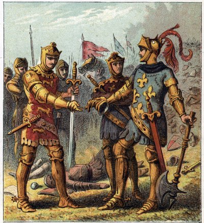 Hundred Years War: Battle of Poitiers (1356). The King of France John II the Good acknowledged his defeat and went to Edward Plantagenet of England. by English School