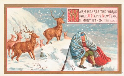 Hunter and Stags in the snow by English School