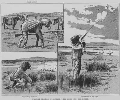 Hunter shooting wildfowl in Scotland disguised as a donkey by English School