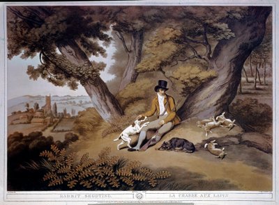 Hunting rabbits in England. 19th century engraving. Gien, hunting museum by English School