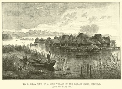 Ideal view of a lake village in the Laibach Basin, Carniola by English School