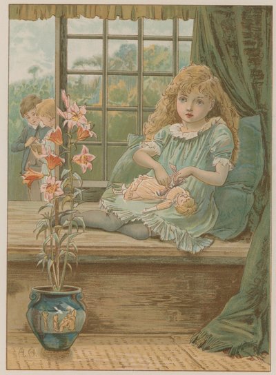 Illustration Depicting a Young Girl Sitting in a Window Seat by English School