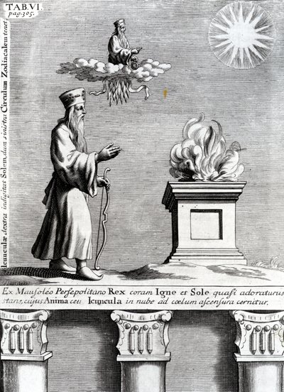 Illustration of Zoroaster worshipping fire and the sun by English School