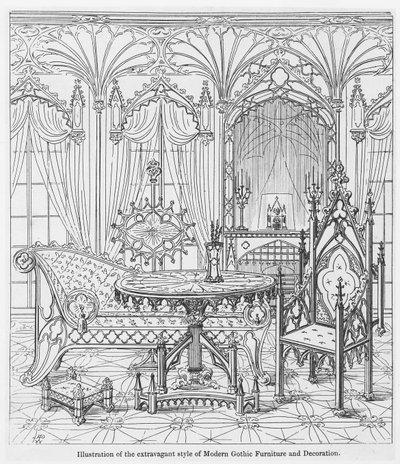 Illustration of the extravagant style of Modern Gothic Furniture and Decoration, from True Principles of Pointed of Christian Architecture, by Augustus Welby Pugin by English School