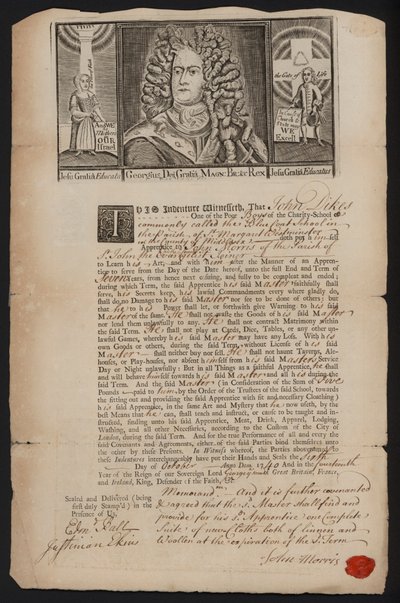 Indenture of apprenticeship for a boy from the Bluecoat charity school in Westminster, London by English School