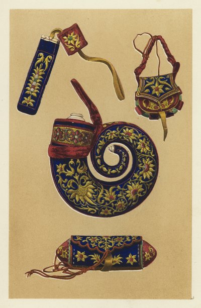 Indian Powder-Horn and Three Pieces of Matchlock Furniture (chromolitho) by English School