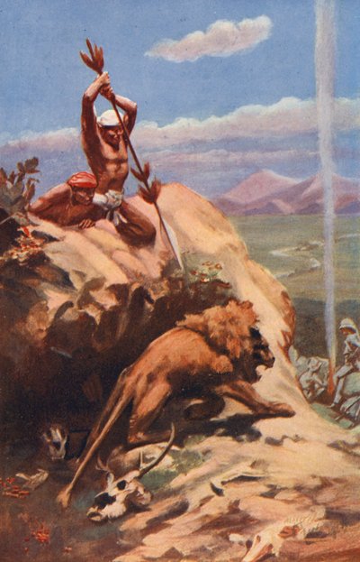 Indian man spearing a lion by English School