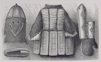 Indian Panoply Consisting of Helmet, Tunic, Gauntlets and Shoes from Bhuj, from The History of Mankind, Vol.III, by Prof. Friedrich Ratzel, 1898 by English School