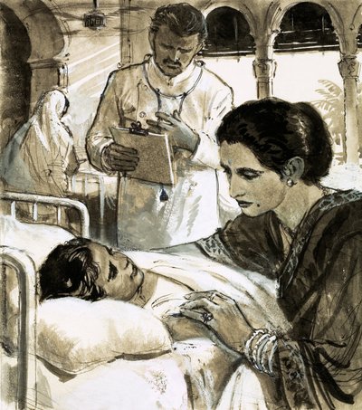 Indira Gandhi watching over a child in hospital by English School