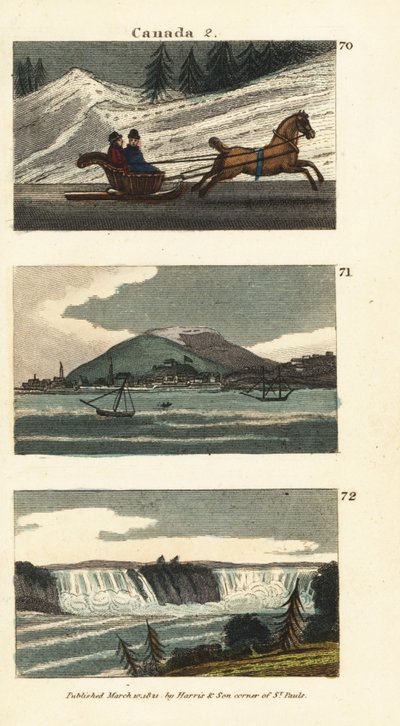 Inhabitants of Quebec Riding a Horse-Drawn Cariole on Ice, View of Montreal, and View of Niagara Falls by English School