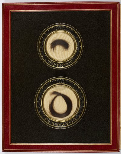 Inside Front Cover, with locks of hair from Percy Bysshe Shelley and his wife Mary Shelley (mixed media) by English School