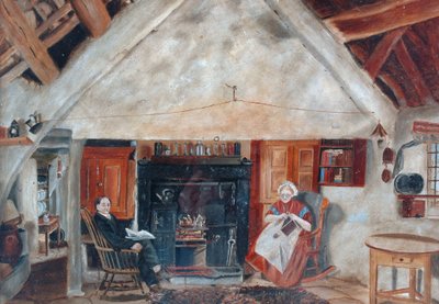 Interior of Cruck Cottage, possibly Shipley Glen by English School