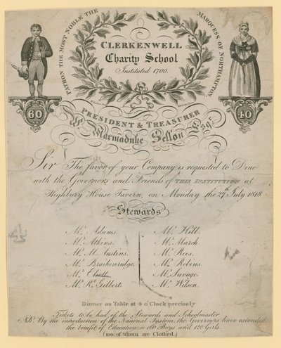 Invitation to the dinner of the Clerkenwell Charity School by English School
