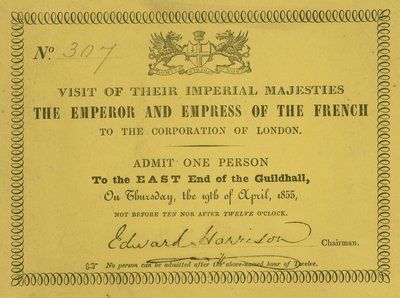 Invitation to the Visit of Their Imperial Majesties, the Emperor and Empress of the French, at the Guildhall, London, on 19 April 1855 by English School