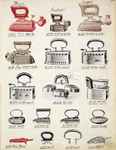 Irons, from a trade catalogue of domestic goods and fittings, c.1890-1910 by English School