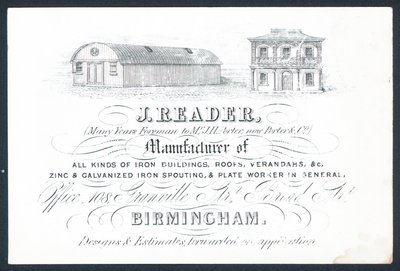 J Reader, Foreman to Porter & Co, Trade Card by English School