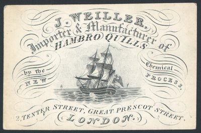 J Weiller, Importer and Manufacturer of Hambro Quills, 2 Tenter Street, Trade Card by English School