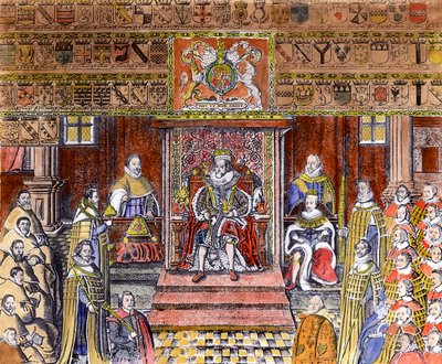 James I of England (1566-1625) at Court (later colouration) by English School