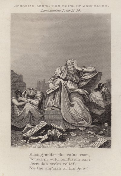 Jeremiah Among the Ruins of Jerusalem, Lamentations 1:12 by English School