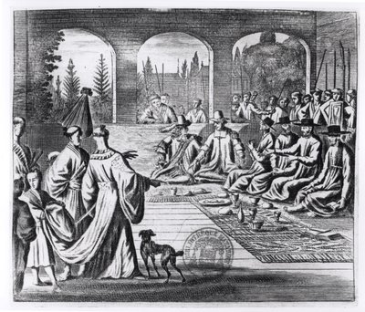 Jesuits with Dutch and Portuguese merchants at the court of the Japanese Emperor, illustration from A Memorable Embassy to the Emperor of Japan by Arnold Montanus, published in London 1670 by English School