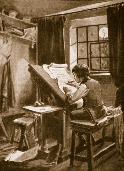 Johann Sebastian Bach copying out music by moonlight by English School