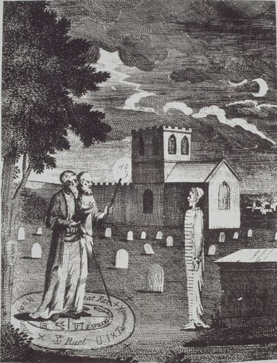 John Dee and Edward Kelly summoning the Dead, from a History of Magic, published late 19th century by English School