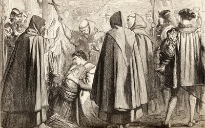 John Frith about to be burnt at the stake for heresy in 1533 by English School