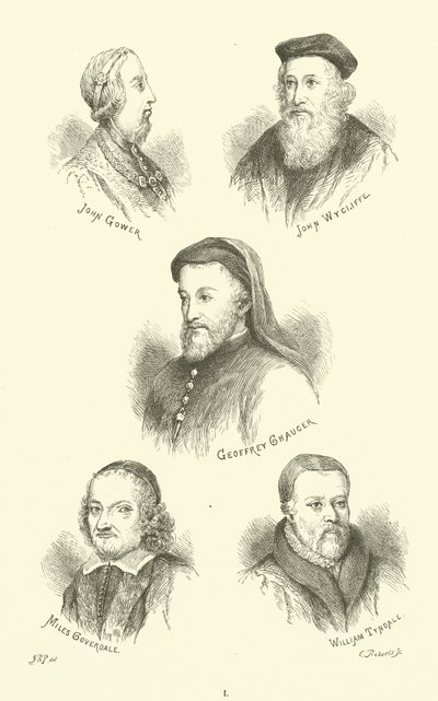 John Gower, John Wycliffe, Geoffrey Chaucer, Miles Coverdale, William Tyndale by English School