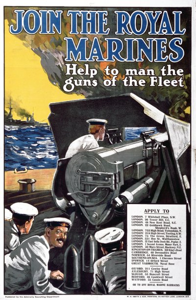 Join the Royal Marines - Help to Man the Guns of the Fleet, World War I Recruitment Poster by English School