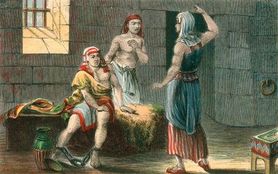 Joseph interpreting the dreams of the Chief Butler and Baker in prison by English School