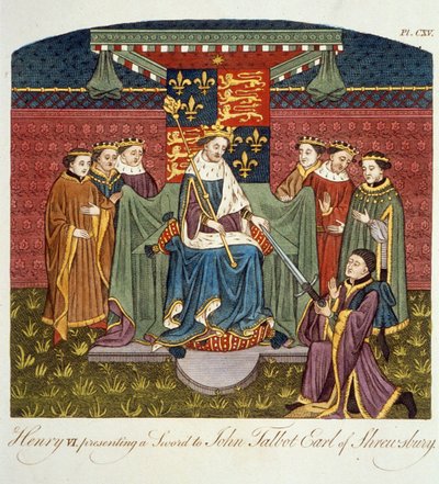 King Henry VI Presenting a Sword to John Talbot, Earl of Shrewsbury, Illustration from The Complete View of the Dress and Habits of the People of England Volume II, published 1799 by English School