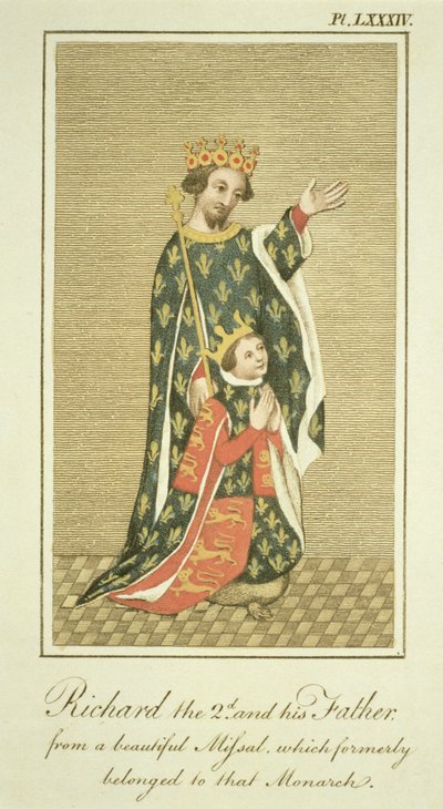 King Richard II with his Father Edward the Black Prince, Illustration from The Complete View of the Dress and Habits of the People of England Volume II, published 1799 by English School