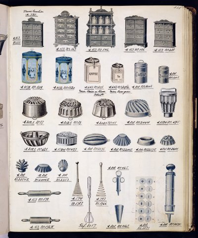 Kitchen storage and utensils from a trade catalogue of domestic goods and fittings, c.1890-1910 by English School