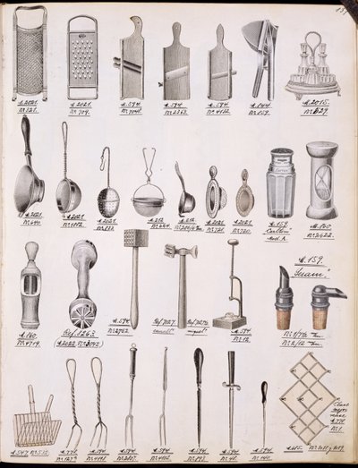 Kitchen utensils, from a trade catalogue of domestic goods and fittings, c.1890-1910 by English School
