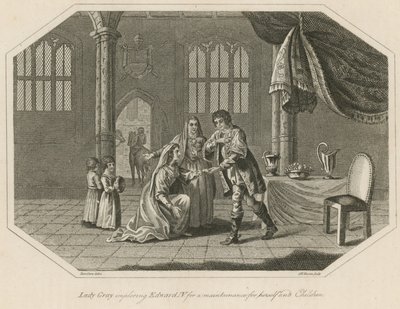 Lady Gray imploring King Edward IV for maintenance for herself and children by English School