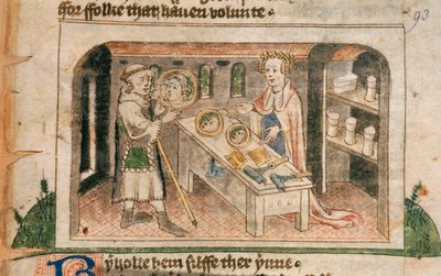 Lady Hagiography shows a pilgrim her display of salves and toilet articles, illustration from the English translation of the Pilgrimage of the Life of Man by Guillaume Deguileville, c.1430-50 by English School