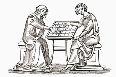 Lady and youth playing draughts, or checkers, in the early 14th century by English School