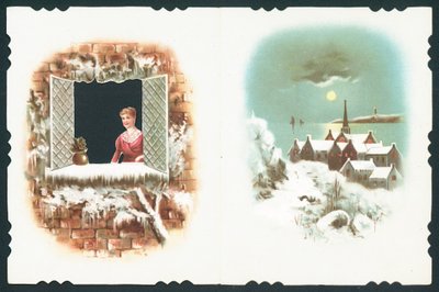 Lady looking out of window and village scene by English School